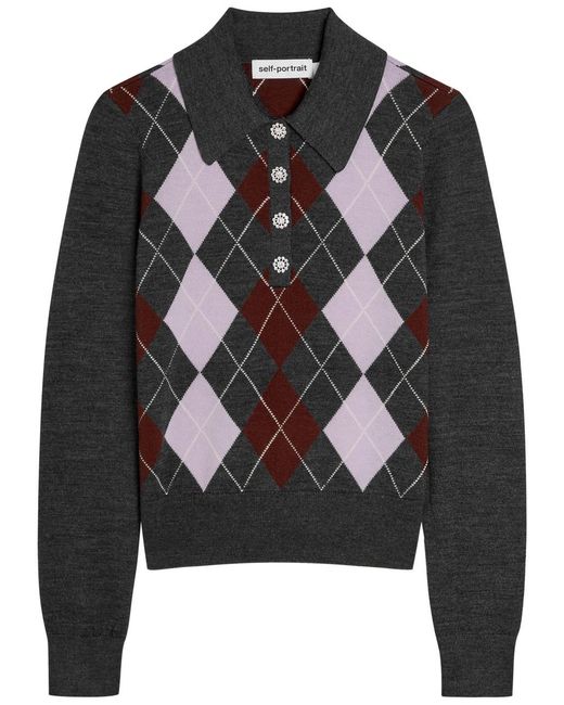Self-Portrait Black Argyle Wool Polo Top