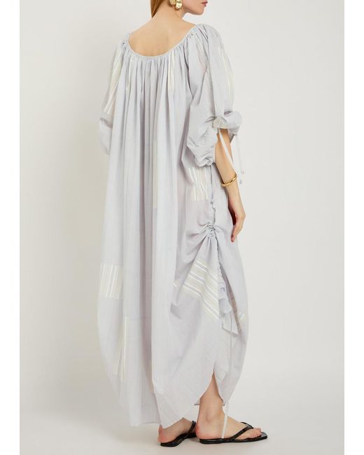 Thierry Colson White Athenais Striped Ruched Cotton Midi Dress