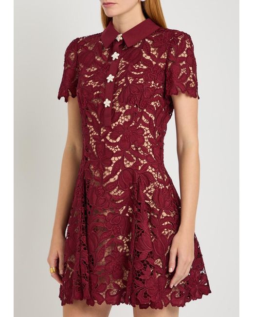 Self-Portrait Red Floral Guipure Lace Mini Shirt Dress