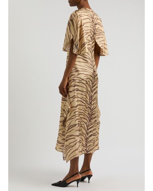 Stella McCartney Natural Tiger-Print Silk-Satin Midi Dress