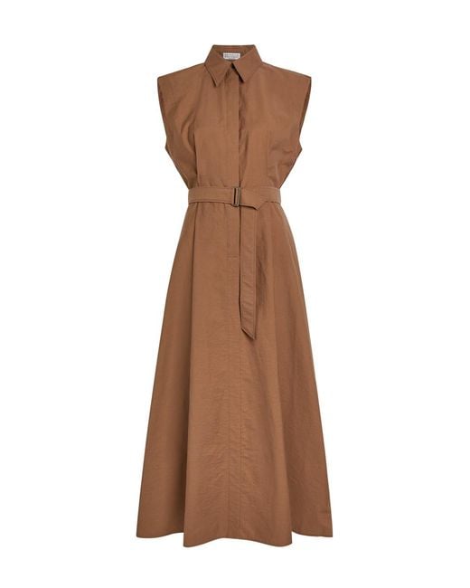 Brunello Cucinelli Brown Belted Cotton-Blend Midi Shirt Dress