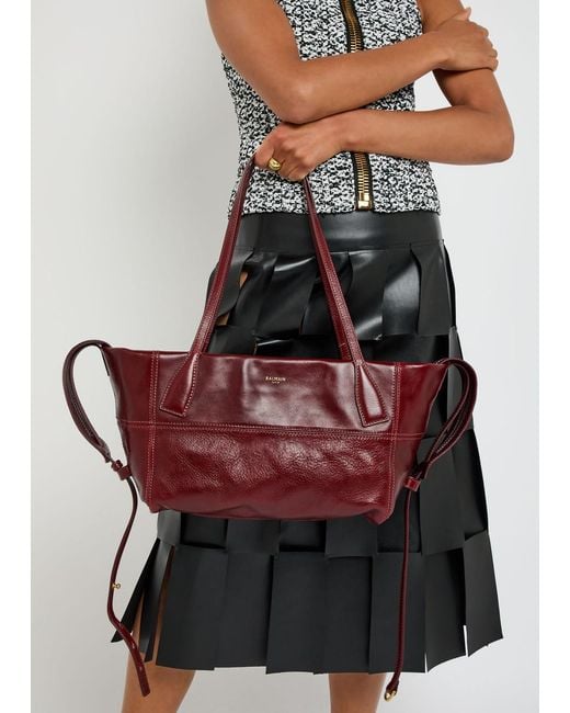 Balmain Red Track Zip Small Glossed Leather Tote Bag