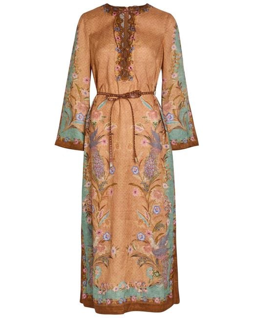 Zimmermann Natural Indra Belted Printed Linen Midi Tunic Dress