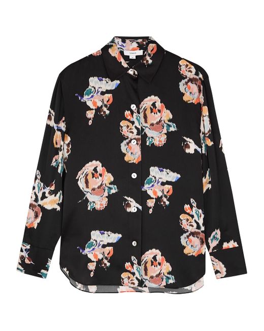 Vince Black Floral-print Silk-satin Shirt | Lyst