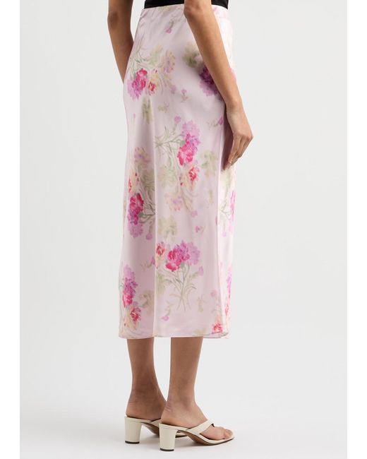 LoveShackFancy Pink Castle Floral-Print Silk Midi Skirt