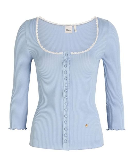 Chloé Blue Ribbed-Knit Cotton Cardigan