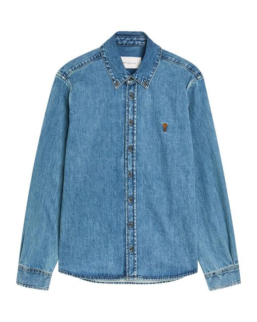 AMI Blue Logo-Embroidered Denim Shirt for men