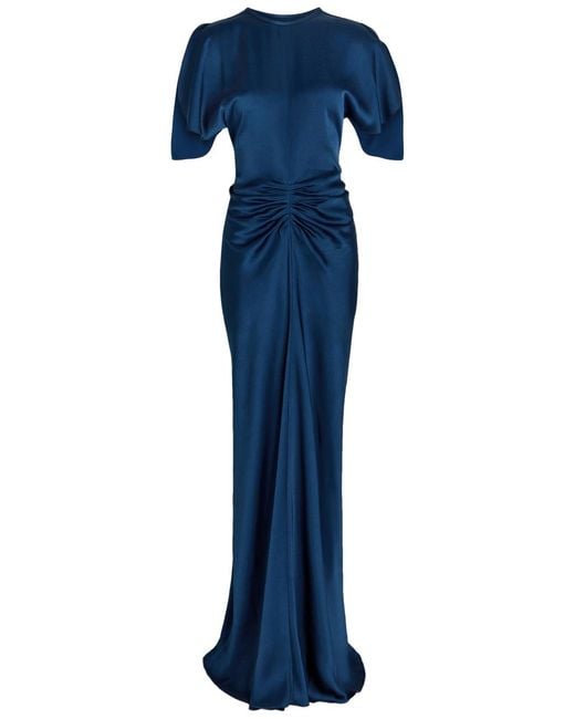 Victoria Beckham Blue Isabella Gathered Satin-Crepe Gown