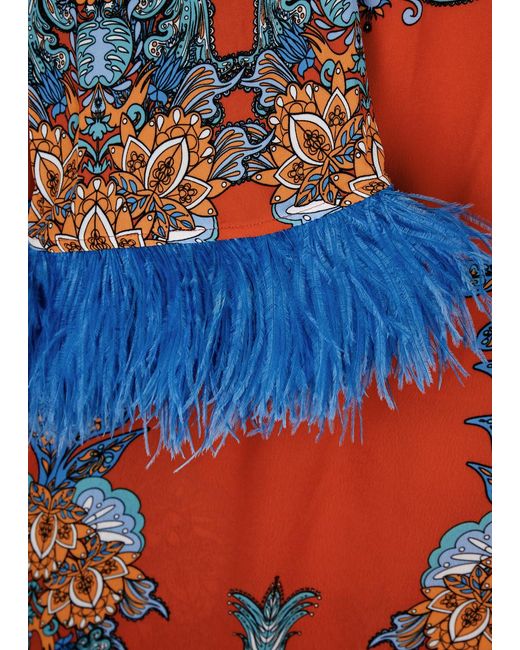 Borgo De Nor Red Seraphina Printed Feather-trimmed Midi Dress