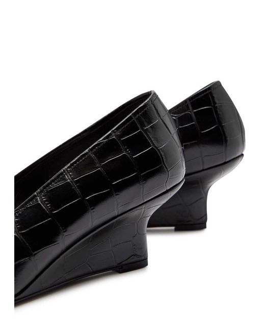 Totême Black 55 Crocodile-Effect Leather Wedge Pumps