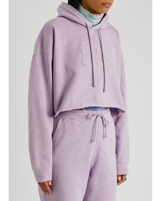 Ganni Purple Isoli Hooded Cropped Cotton Sweatshirt