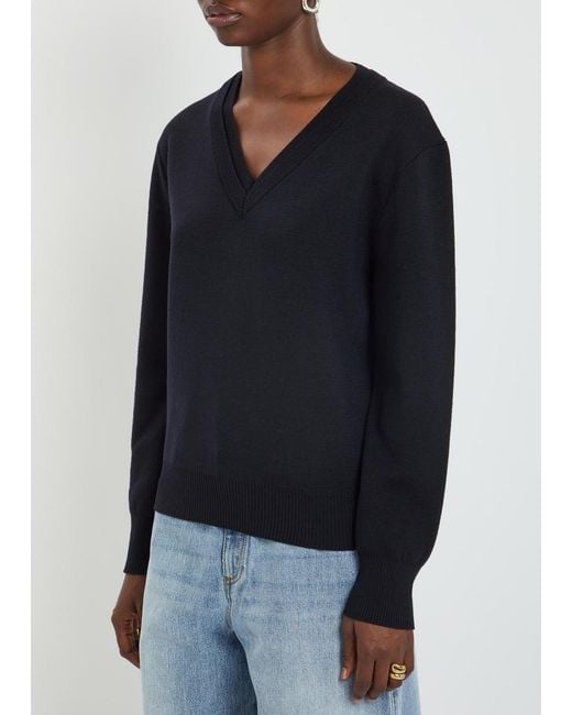 Rohe Blue V-Neck Stretch-Wool Jumper