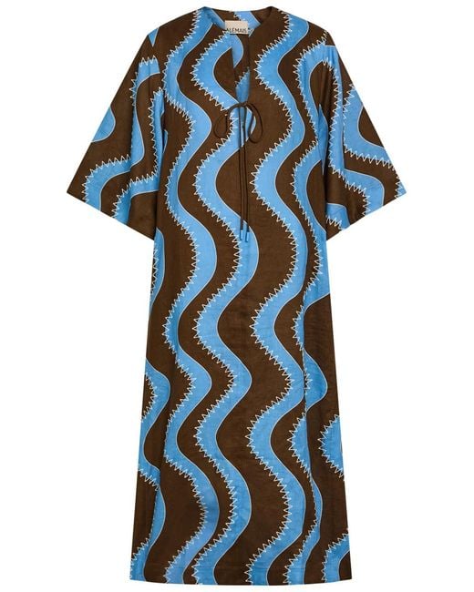 ALÉMAIS Blue Frankie Wavy-Print Linen Midi Dress
