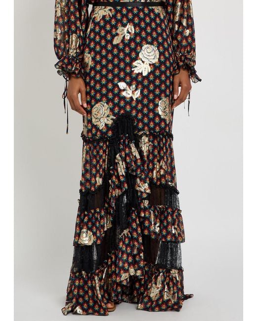 Etro Black Floral-Embroidered Silk Maxi Skirt