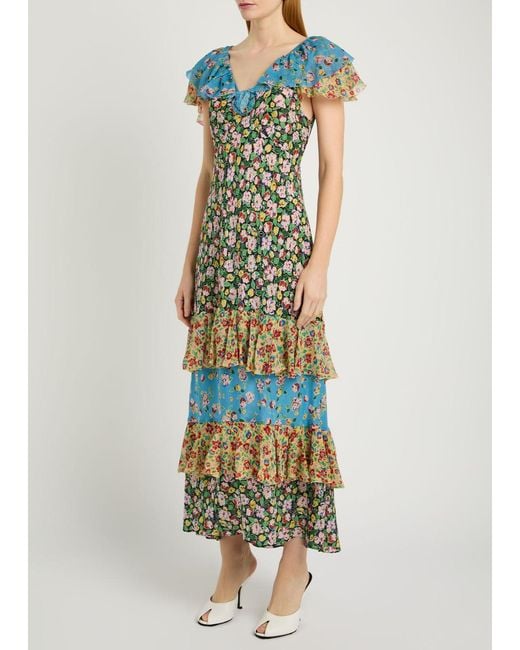 Rixo Blue Benoite Floral Ruffled Silk Midi Dress