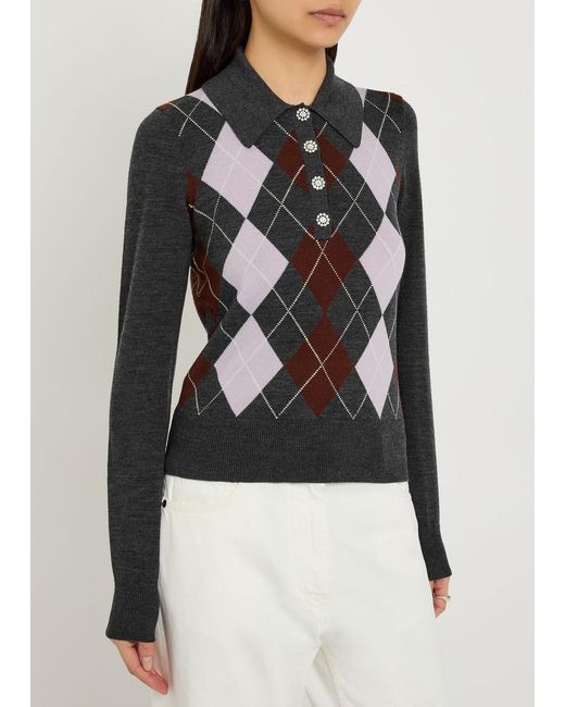 Self-Portrait Black Argyle Wool Polo Top