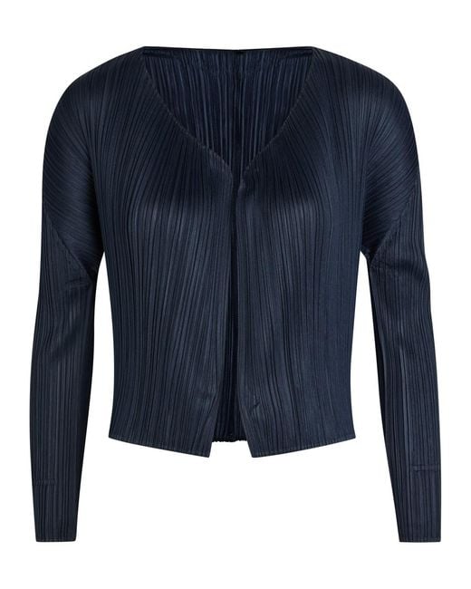 Pleats Please Issey Miyake Blue Pleated Woven Cardigan