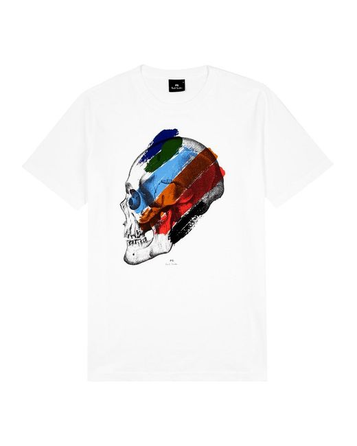 PS by Paul Smith White Stripe Skull Printed Cotton T-shirt for men