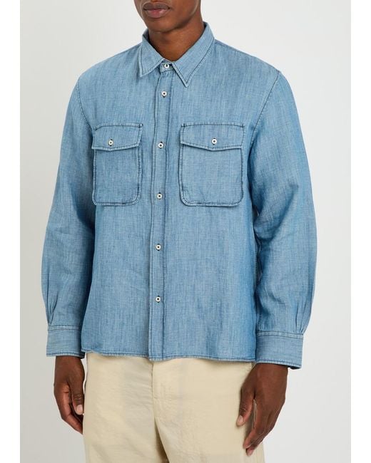 Officine Generale Blue Garris Cotton And Linen-Blend Shirt for men