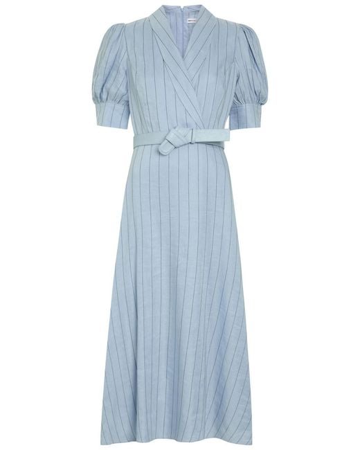 Rebecca Vallance Blue Effie Pinstripe Belted Linen-Blend Midi Dress