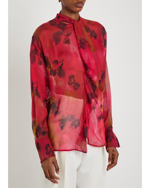 Victoria Beckham Red Draped Floral Silk-Chiffon Blouse