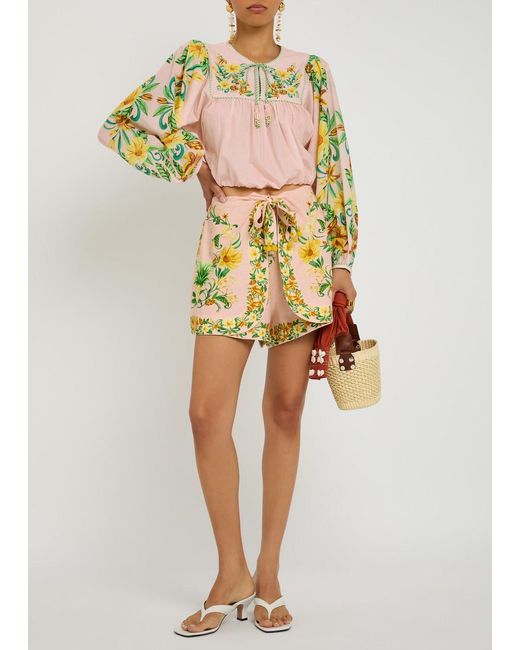 Farm Rio White Botanical Floral-Print Flax-Blend Shorts