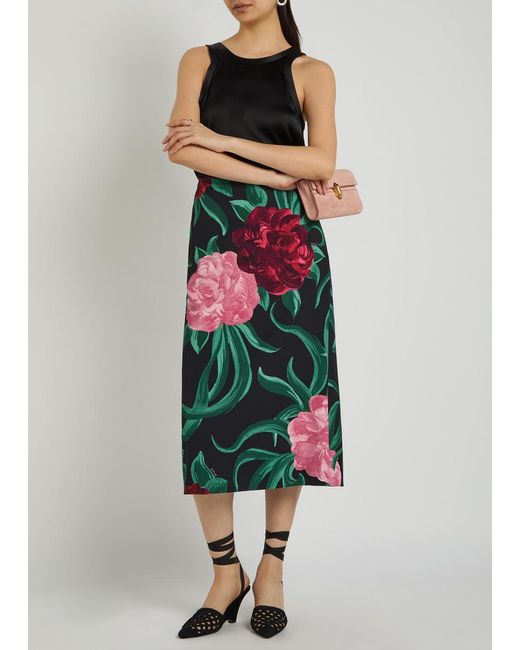 LaDoubleJ Black Floral-Print Crepe Midi Pencil Skirt