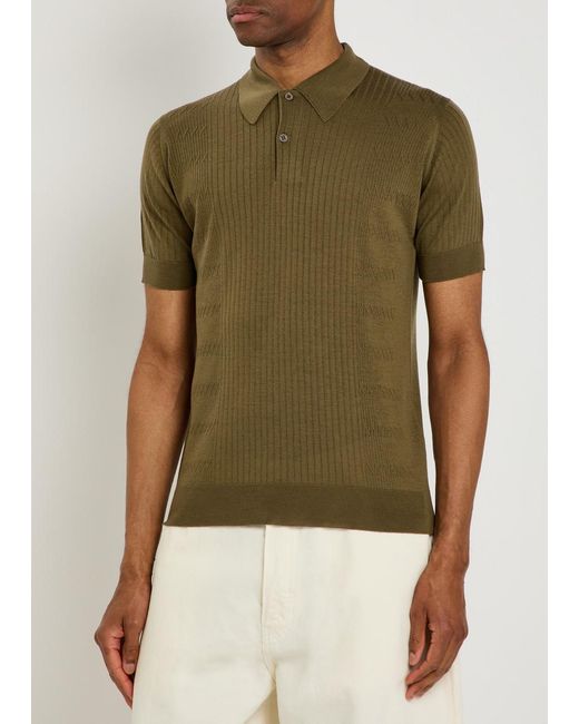 John Smedley Green Croall Ribbed Merino Wool Polo Shirt for men