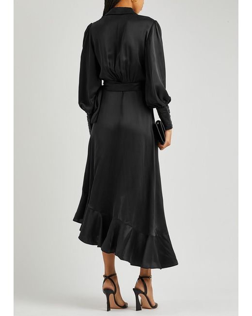 Zimmermann Black Ruffled Silk-satin Midi Wrap Dress