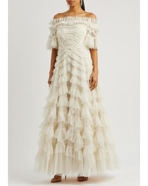 Needle & Thread Natural Lana Off-The-Shoulder Ruffled Tulle Gown