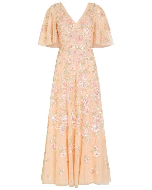 Needle & Thread Natural Sequin Bouquet Embellished Cape-Effect Tulle Gown