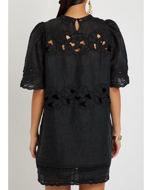 Isabel Marant Black Reldine Floral-Embroidered Ramie Mini Dress