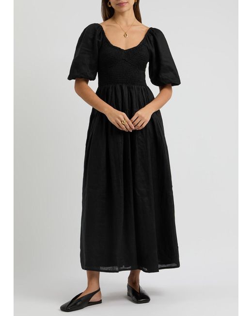 Faithfull The Brand Black Rosarico Linen Midi Dress