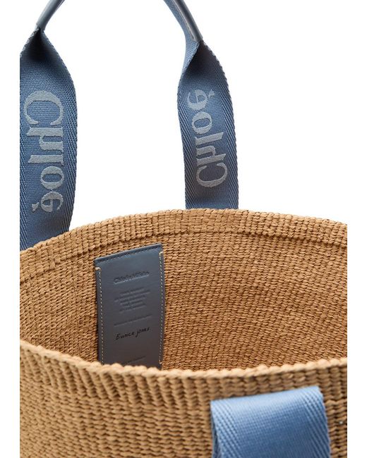 Chloé Blue Woody Logo-Embroidered Raffia Basket Bag