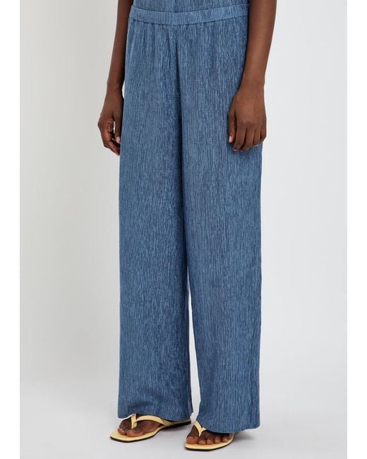 Eileen Fisher Blue Crinkled Wide-Leg Woven Trousers