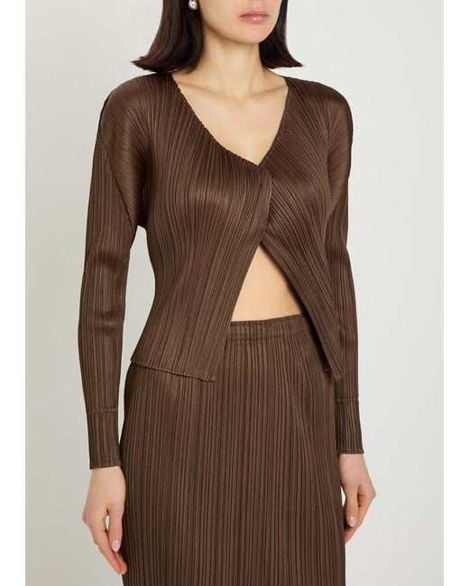 Pleats Please Issey Miyake Brown Pleated Woven Cardigan
