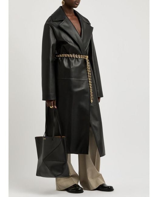 Loewe Black Belted Leather Coat Uk12