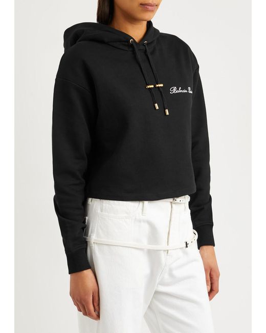 Balmain Black Logo-embroidered Hooded Cotton Sweatshirt