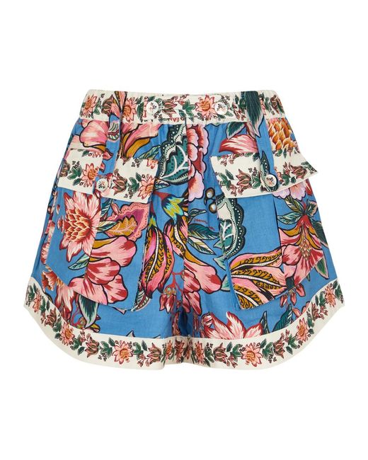 Farm Rio Blue Wonderful Bouquet Printed Linen Shorts