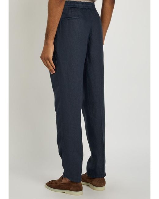 Brunello Cucinelli Blue Drawstring Tapered-Leg Linen Trousers for men