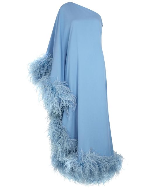 ‎Taller Marmo Ubud Blue One-shoulder Feather-trimmed Gown