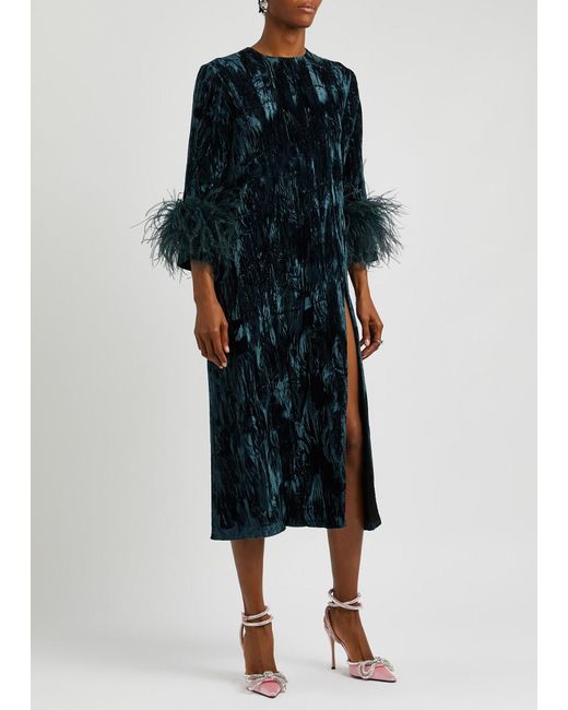 16Arlington Black Billie Feather-trimmed Velvet Midi Dress