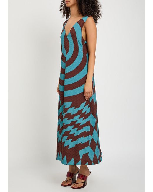 Dries Van Noten Blue Dea Patterned Chevron Silk-Blend Maxi Dress