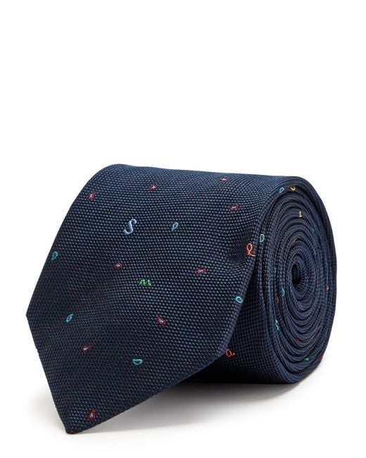 Paul Smith Blue Embroidered Silk Tie for men