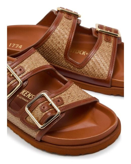 Birkenstock Brown Arizona Framed 1774 Raffia And Leather Sliders