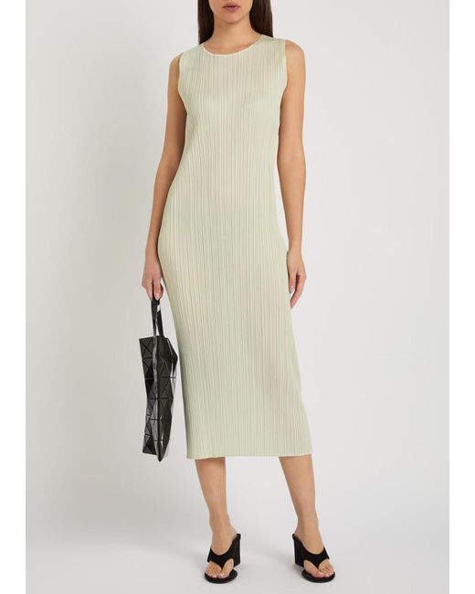 Pleats Please Issey Miyake White Pleated Woven Midi Dress