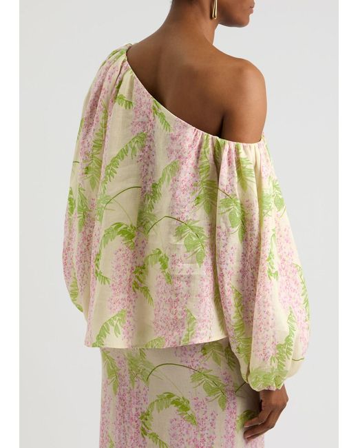 BERNADETTE Natural Raquel Floral-Print One-Shoulder Linen Top