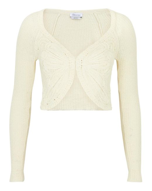 Blumarine Natural Butterfly Cropped Cotton-blend Cardigan