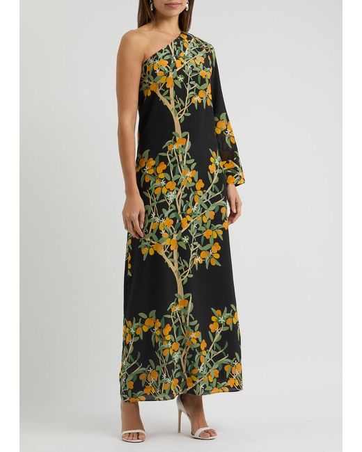 BERNADETTE Black Lola Floral-Print One-Shoulder Silk Maxi Dress