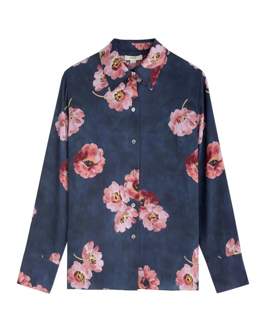 Vince Blue Floral-Print Silk-Satin Shirt